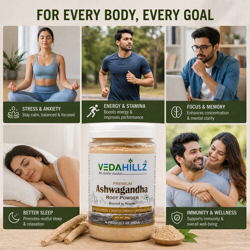 Premium and Natural Vedahillz Ashwagandha Powder Crafted from Fresh Roots for Vitality, Stress Relief, and Everyday Wellness